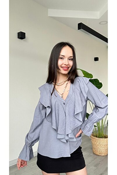 modadagiyim Λινό πουκάμισο με λαιμόκοψη V, λεπτομέρειες με κορδόνια και βολάν...