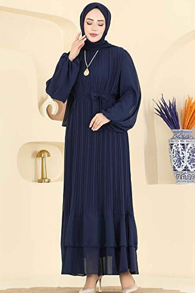Tesettür Diyarı Γυναικείο βραδινό φόρεμα από σιφόν με πλισέ και ζώνη - Μπλε ν...