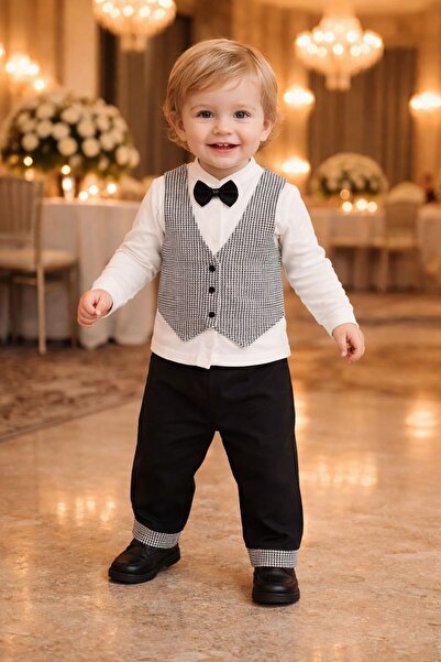 Necix's Bebe Mine Trend Kazayağı Baskılı Yelekli Papyonlu Takım