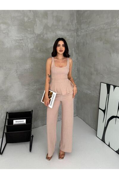 heree Women's Belt Detailed Knitwear Set Blouse Trousers Two-Piece Stylish Su...