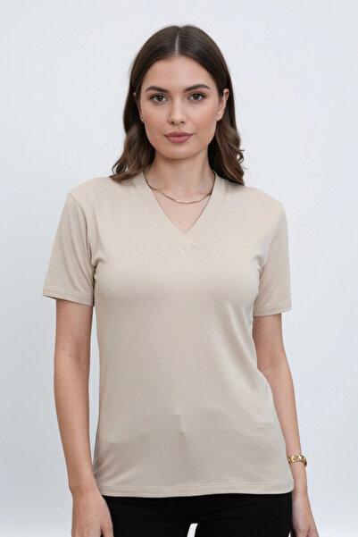 Bİ.GİYSEN Γυναικεία μπλούζα σε μπεζ χρώμα με λαιμόκοψη V, κοντό μανίκι, από ύ...