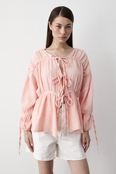 My Blog Ροζ πουκάμισο μουσελίνας με λαβή από 100% βαμβάκι - 5259