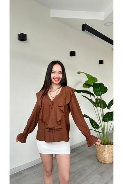 modadagiyim Λινό πουκάμισο με λαιμόκοψη V, λεπτομέρειες με κορδόνια και βολάν...