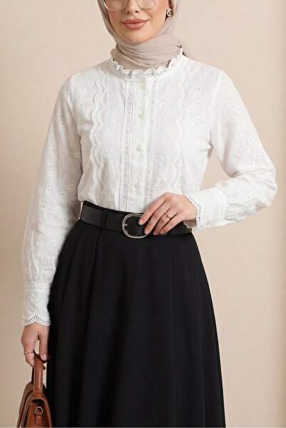 Modamorfo Bluză cămașă vintage brodată - albă