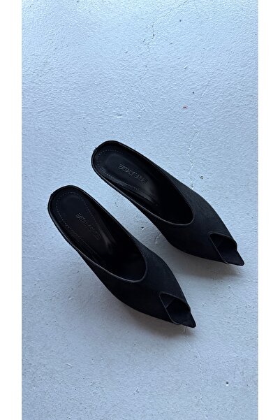 Eataly Shoes Παντόφλες με τακούνι Elmira Suede με μυτερή μύτη, Μαύρες