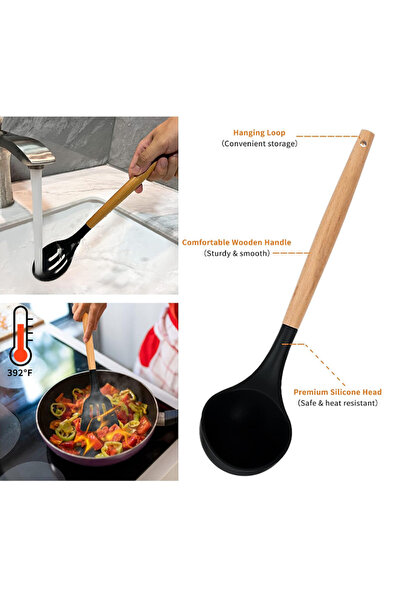 EHOME Silicone Cooking Utensils Set Wooden Handles Holder Heat Resistant Non Toxic Kitchen Essentials