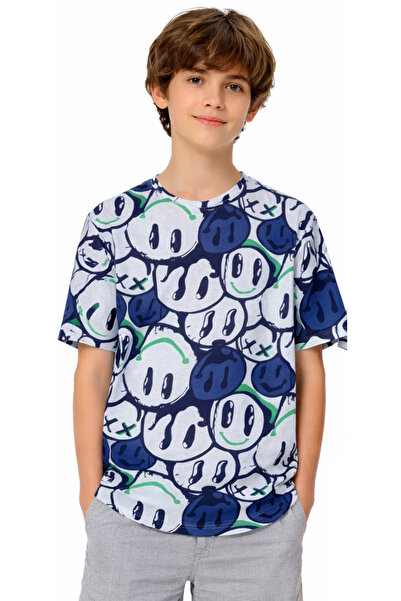 İrem Çocuk Giyim Boy'S/Girl's Smiling Face Patterned Oversize Fit White Color...