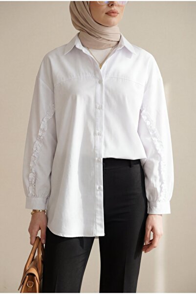 Modamorfo Πουκάμισο ποπλίνα με βολάν στα μανίκια και κουμπιά - λευκό