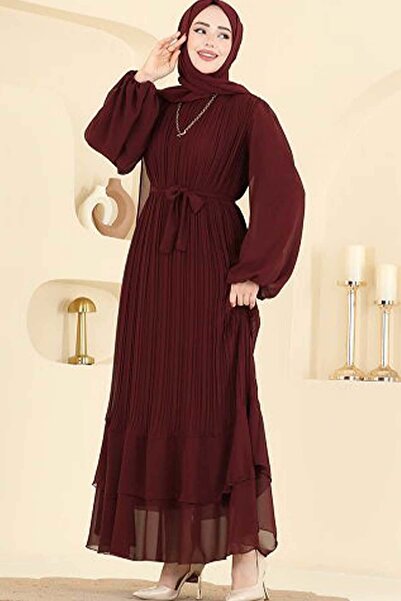 Tesettür Diyarı Γυναικείο βραδινό φόρεμα από σιφόν με πλισέ και ζώνη - Μπορντό