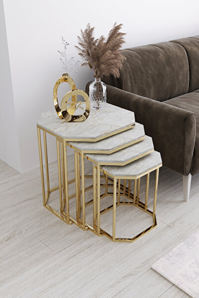 Puklife Hilal 4'lü Zigon Sehpa Gold Ayak Mermer Desen MDf