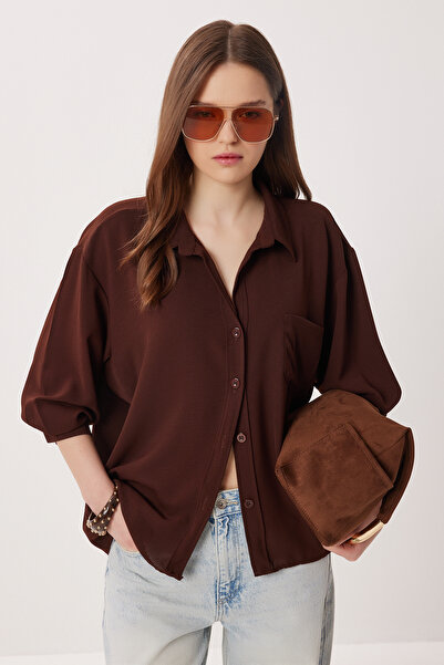 Lovelyİstanbul Υπερμεγέθες υφαντό πουκάμισο με τσέπες LDZ0063 ΚΑΦΕ