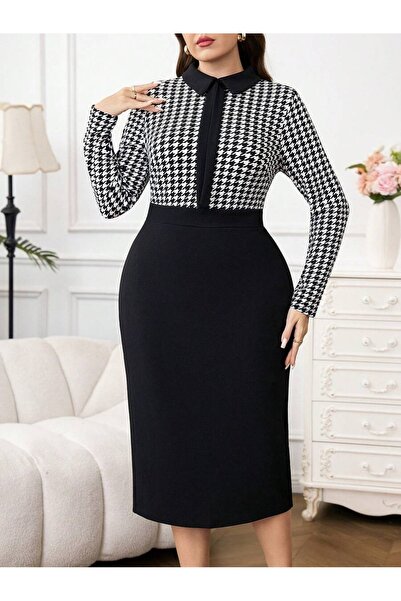 Iuliashop Μαύρο Φόρεμα Μίντι Surissa με Λευκό Γεωμετρικό Σχέδιο - Μεγάλα Μεγέ...