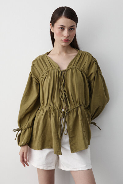 My Blog Πουκάμισο μουσελίνας χακί 100% βαμβακερό μανίκι - 5259