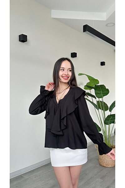 modadagiyim Λινό πουκάμισο με λαιμόκοψη V, λεπτομέρειες με κορδόνια και βολάν...