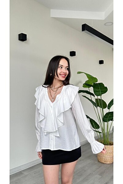 modadagiyim V-Neck Ruffled Buttoned Linen Shirt with Gathered Sleeves and Det...