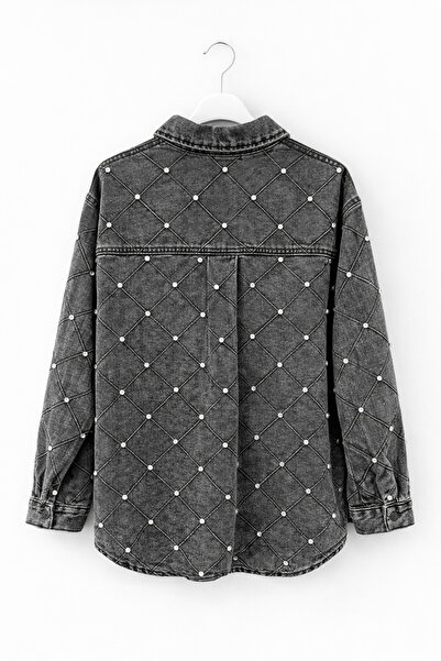 günay boutıque Taş Detaylı Denim Gömlek Ceket – Oversize Beden
