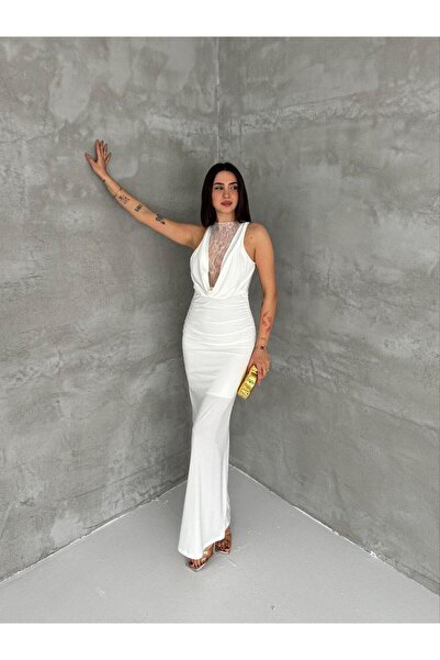 heree Women's Lace Detailed Long Evening Dress Stylish V-Neck Draped Evening ...
