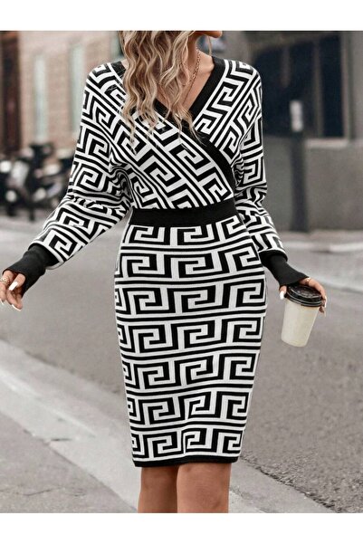 Iuliashop Rochie tricotată scurtă gri Ayla cu imprimeu geometric negru - XS
