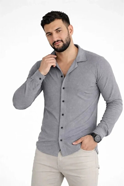 özssa Men's Waffle Fabric Long Sleeve Buttoned Open Collar Regular Fit Shirt ...