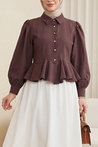 Modamorfo Modal shirt blouse with stone buttons and volant detail - plum