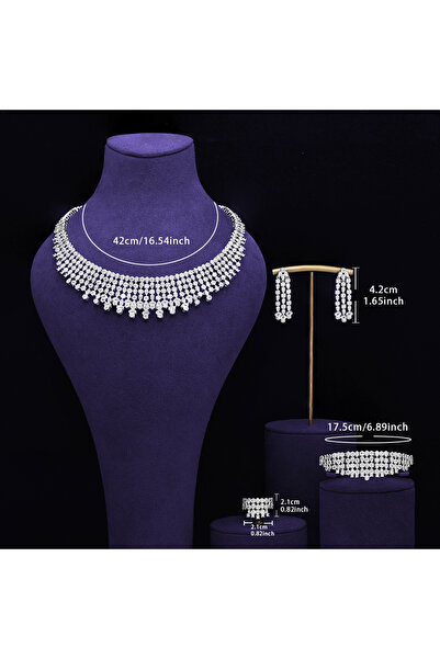 jewerlystore Luxury Full-Pave Grid Tassel 4-Piece Bridal Jewelry Set, Saudi W...