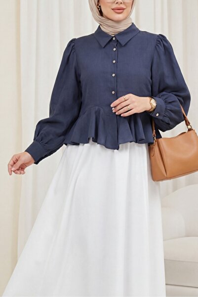 Modamorfo Μπλούζα πουκάμισο από μοντάλ με πέτρινα κουμπιά και λεπτομέρεια βολ...