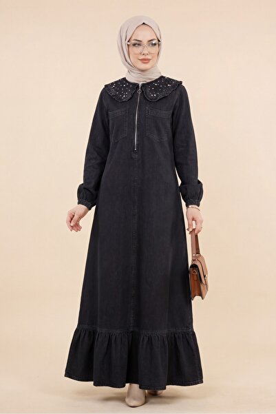 Modamorfo Baby Collar Half Zipper Pearl Detailed Belted Denim Dress - Black
