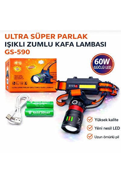 kialed Şarjlı LED Kafa Lambası 60W Zoomlu USB Kafa Feneri Güçlü Su Geçirmez P...