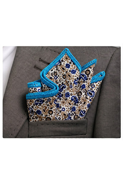 Exve Exclusive Μπλε-μπεζ σάλι με μοτίβο, με μπλε χειροποίητο πλεκτό τελείωμα,...