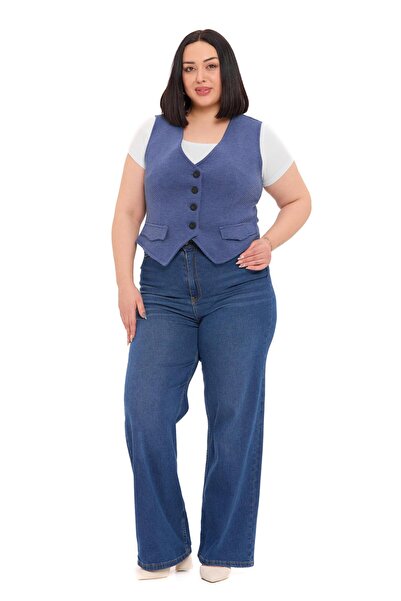 DISENTIS MODEST Μπλε γιλέκο μεγάλου μεγέθους με κουμπιά, καλύμματα τσεπών και...