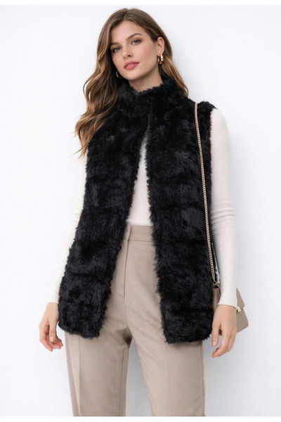 Nobrand Μαύρο γιλέκο από απομίμηση γούνας με ψηλό γιακά, χωρίς τσέπες, ίσια γ...