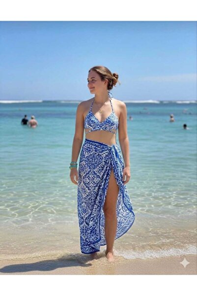 Miss Set triplu de bikini cu fustă pareo