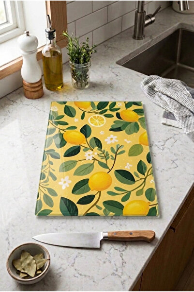 Zevahir Home Glass Cutting Board with Non-Slip Base, Lemon Themed