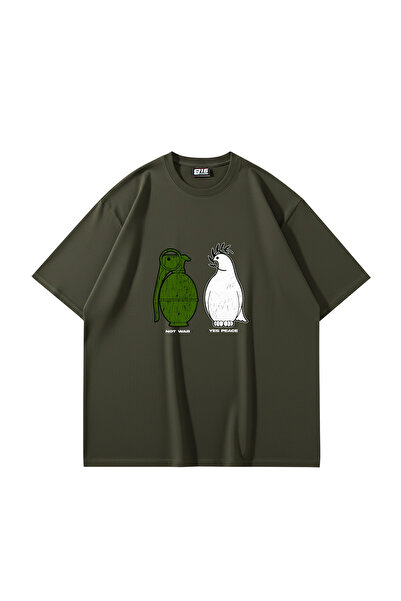 Bak Moda Tricou Oversize Unisex Kaki cu imprimeu Not War Yes Peace