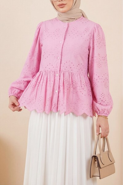 Modamorfo Πουκάμισο με ελαστικά μανίκια, διάτρητο σχέδιο, κουμπιά και επένδυσ...