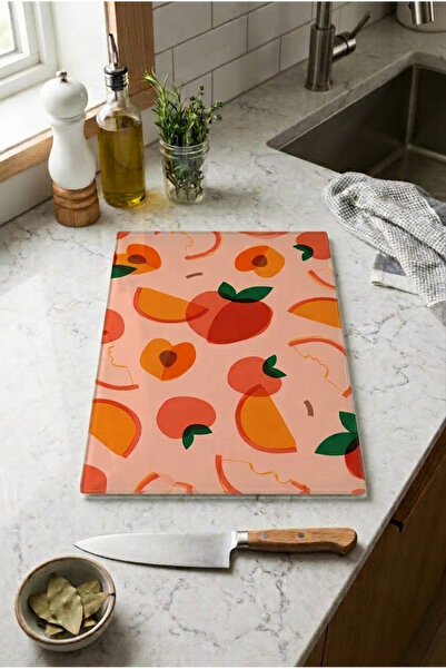 Zevahir Home Glass Cutting Board with Non-Slip Base, Peach-Themed