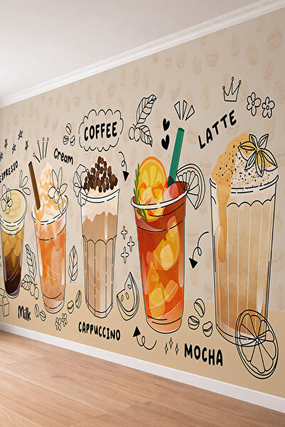 dreamwall Kahve İllüstrasyonları ve İçecek- Cafe Temalı Tek Parça Tekstil Duv...