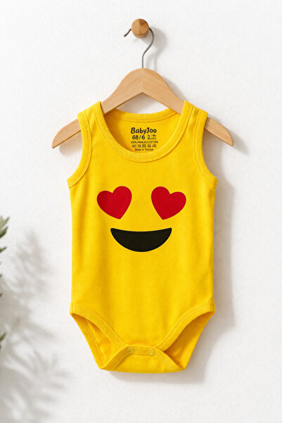Babytoo Sarı Kalp Göz Emoji Baskılı Bebek Body %100 Pamuk Yazlık Unisex Zıbın