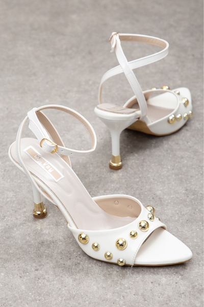 rozvoj Women's Gold Studded Detailed Thin Heeled Ankle Strap Sandals