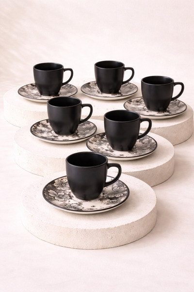 Tutku Home Black Flowers Serisi 6 Kişilik Seramik Fincan Takımı