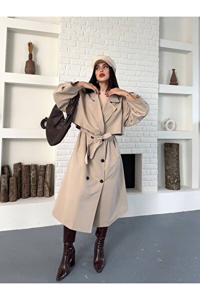 VESS MODA Kadın Ön ve Arkası Rüzgarlık Yeleli Cepli Kuşaklı ve Düğme Detaylı Uzun Trençkot