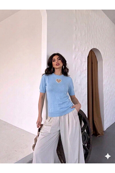 ribana Γυναικείο πλεκτό μπλουζάκι με κοντό μανίκι και κεντημένη καρδιά από στ...