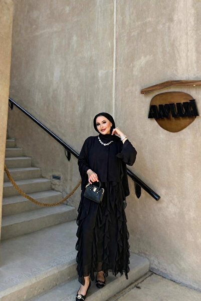 Anna Siyah Etekli Tesettür Takım, Şık günlük ve davet Kombin beli lastikli et...