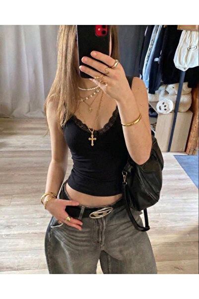 Toum Δαντελένιο Μαύρο Νυχτερινό Κροπ Τοπ με Κορδόνια