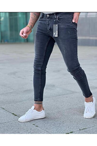 MODAMESTO Men's Anthracite Slim Fit Laser Stretch Fabric Jeans