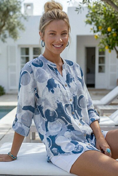 Chiccy Μπεζ-μπλε υφαντό πουκάμισο με γιακά, κουμπιά, μανίκι 3/4, σκίσιμο και ...