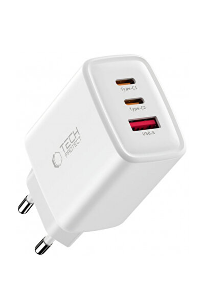 Tech-Protect Nca65w Τροφοδοτικό, 65W, 3A, 1 Θύρα USB-A - 2 Θύρες USB-C, Λευκό
