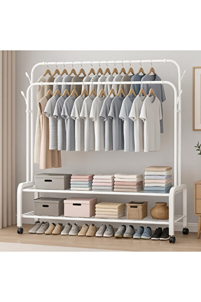 RahaShop حامل ملابس معدني بعجلات وقضبان مزدوجة، لون أبيض