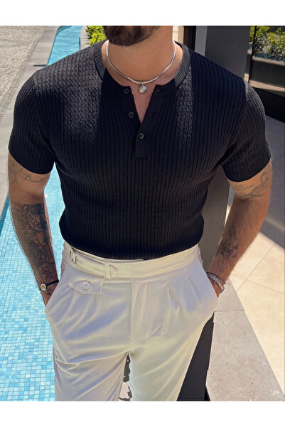 OUTFİT MAN Μπλουζάκι Πλεκτό με Ανάγλυφα Κουμπιά Μαύρο