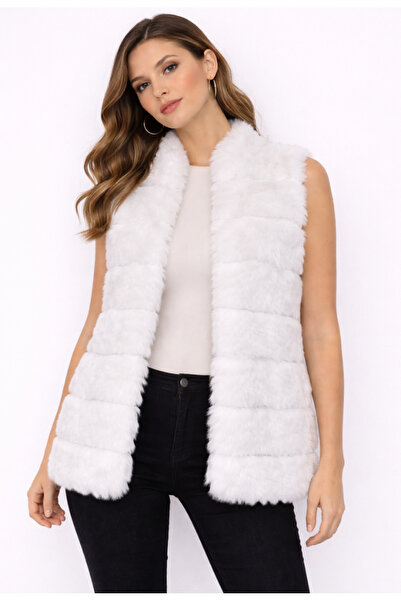 Nobrand White faux fur vest without collar without pockets, straight cut XL